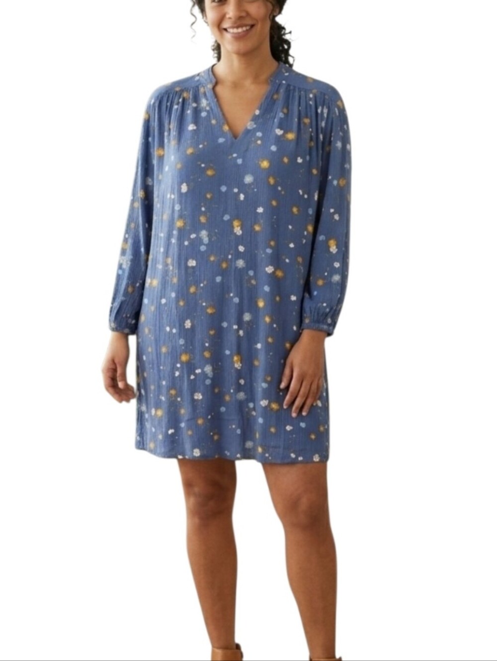 a.n.a Blue Floral Long Sleeve V-Neck Shift Dress Size Small